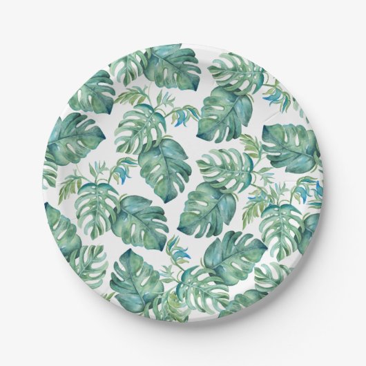 Assiettes En Carton Pique-nique d'aquarelle Tropical Green Palm Feuill (Devant)