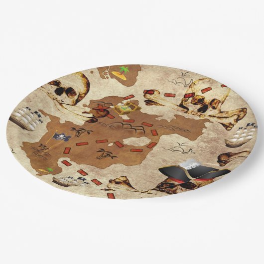 Assiettes En Carton Pirate Skull & Bones Treasure Map (Angle)