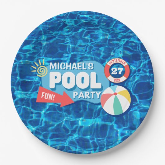 Assiettes En Carton Piscine d'été Fête Tropicale Anniversaire Bleu (Devant)