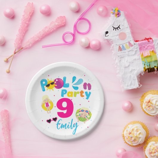 Assiettes En Carton Piscine Fête été Anniversaire Fille natation Corre (Fête)