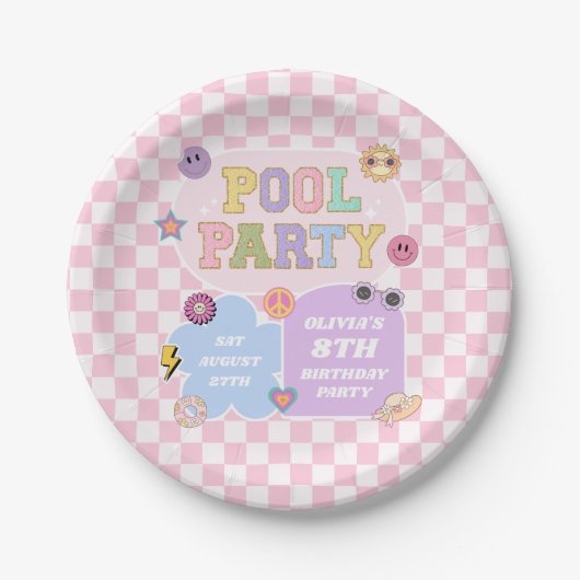 Assiettes En Carton Piscine Party Preppy Varsity Patch Anniversaire (Devant)