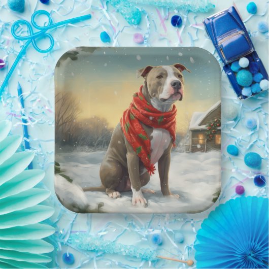 Assiettes En Carton Pitbull Chien dans Noël de neige (Fête)