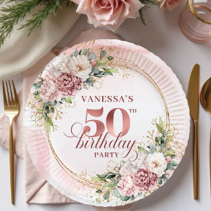 Assiettes En Carton Pivoine Élégante Feuillage Rose Doré 50e Anniversa