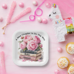 Assiettes En Carton Pivoines roses et livres Nouveau chapitre Fille Ba