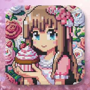 Assiettes En Carton Pixel Art Girl's Pink Birthday Party