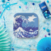 Assiettes En Carton Pixel Tsunami bleu 8 bits Pixel Art (Fête)