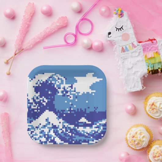 Assiettes En Carton Pixel Tsunami bleu 8 bits Pixel Art (Fête)