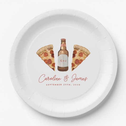 Assiettes En Carton Pizza & Bière Couples Décontractés Fête des mariée (Devant)