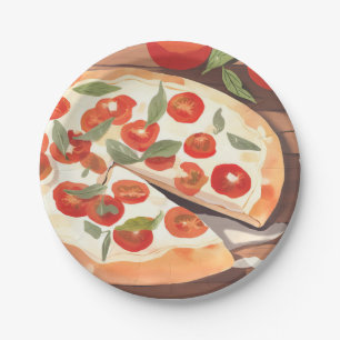 Assiettes En Carton Pizza Gourmet   Aquarelle Tomate Légumes Verts