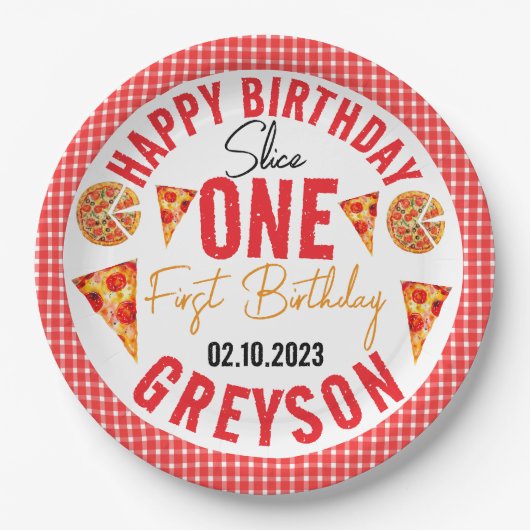 Assiettes En Carton Pizza pour bébés tranche moderne 1er anniversaire (Devant)