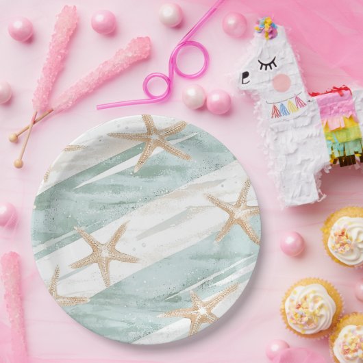 Assiettes En Carton Plage Aqua Mint Starfish Stripes Mariage (Fête)