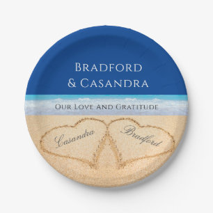 Assiettes En Carton Plage Bleu foncé Mariage 2 Coeurs dans le sac de s
