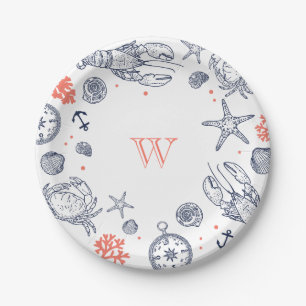 Assiettes En Carton Plage Classique Marine Marine Bleue/Corail Personn