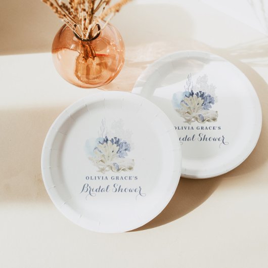 Assiettes En Carton Plage côtière bleu coquillage douche nuptiale