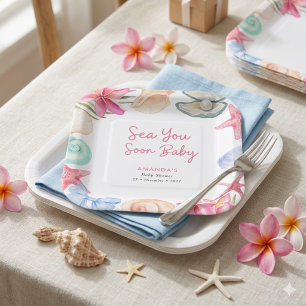 Assiettes En Carton Plage de coquillages à bientôt Baby Shower
