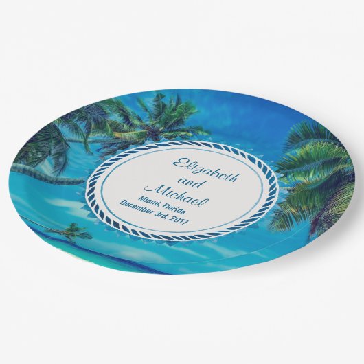Assiettes En Carton Plage de sable blanc avec Mariage de palmiers trop (Angle)