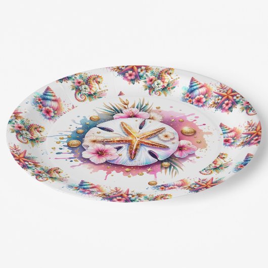 Assiettes En Carton Plage de sable blanc rose, bleu et or (Angle)