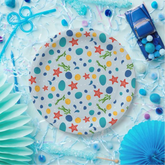 Assiettes En Carton Plage d'été avec étoiles de mer, coquillages et ga (Fête)