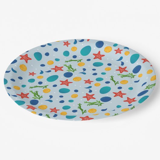 Assiettes En Carton Plage d'été avec étoiles de mer, coquillages et ga (Angle)