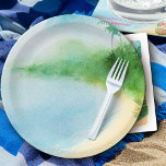 Assiettes En Carton Plage d'été tropicale aquarelle Ocean Bay<br><div class="desc">Plaques en papier avec scène de plage tropicale d'été - parfait pour un baby shower d'été, luau party, pool party etc. Le design aquarelle a une scène de plage rêvée dans une baie calme de l'océan. Veuillez consulter la collection de baby showers de surf de mon bébé à bord pour...</div>