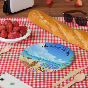 Assiettes En Carton Plage d'été tropicale ensoleillée scène monogrammé