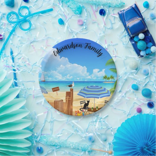 Assiettes En Carton Plage d'été tropicale ensoleillée scène monogrammé (Fête)