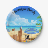 Assiettes En Carton Plage d'été tropicale ensoleillée scène monogrammé (Devant)