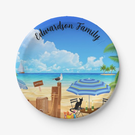 Assiettes En Carton Plage d'été tropicale ensoleillée scène monogrammé (Devant)