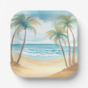 Assiettes En Carton Plage Hawaïenne   Aquarelle Tropicale Arbre Palmie