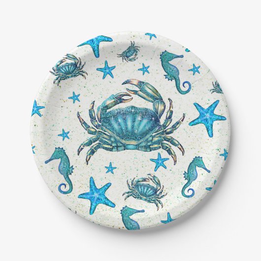 Assiettes En Carton Plage moderne Crabe bleu Starfish Sehorse Party (Devant)