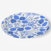 Assiettes En Carton Plage motif coquillages bleus et corail (Angle)