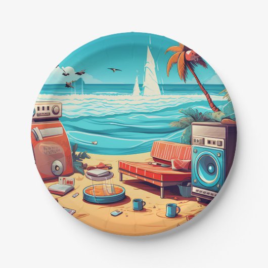 Assiettes En Carton Plage Retro (Devant)
