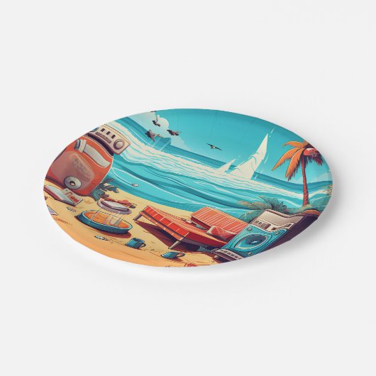 Assiettes En Carton Plage Retro (Angle)