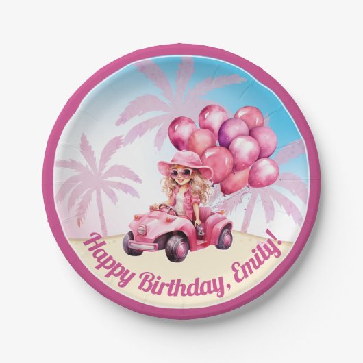 Assiettes En Carton Plage rose convertible Anniversaire (Devant)