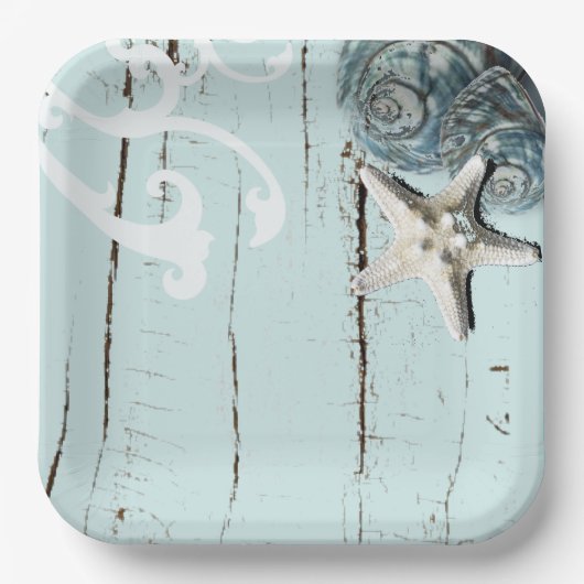 Assiettes En Carton plage rustique aqua bleu coquillage étoile mariage (Recto)