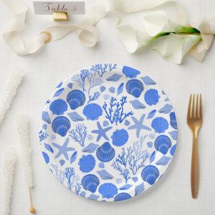 Assiettes En Carton Plages à motif coquillages bleus et corail