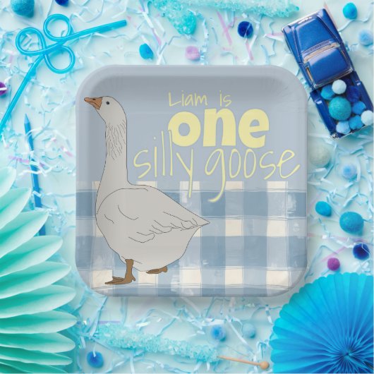 Assiettes En Carton Plaid Bleu & Blanc Une Oie Silencieuse (Fête)