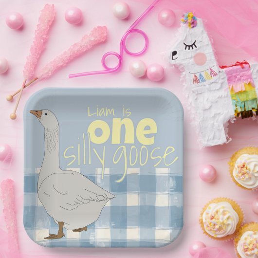 Assiettes En Carton Plaid Bleu & Blanc Une Oie Silencieuse (Fête)