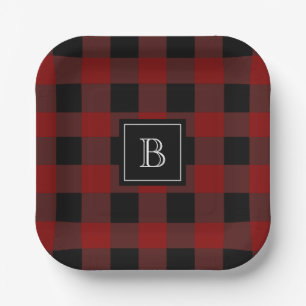 Assiettes En Carton Plaid Buffalo Rustique Monogramme Rouge Noir Moder