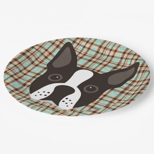 Assiettes En Carton Plaid de tartan de chiot de Boston Terrier (Angle)