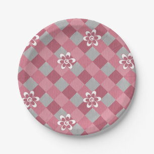 Assiettes En Carton Plaid gris et rose avec fleurs camomilaires