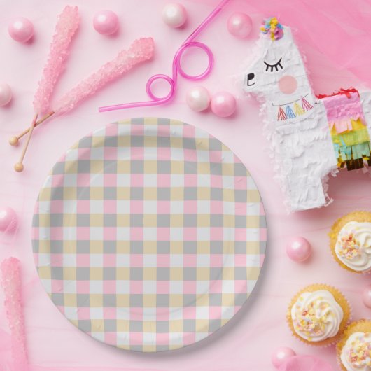 Assiettes En Carton Plaid Pastel rose-Jaune (Fête)