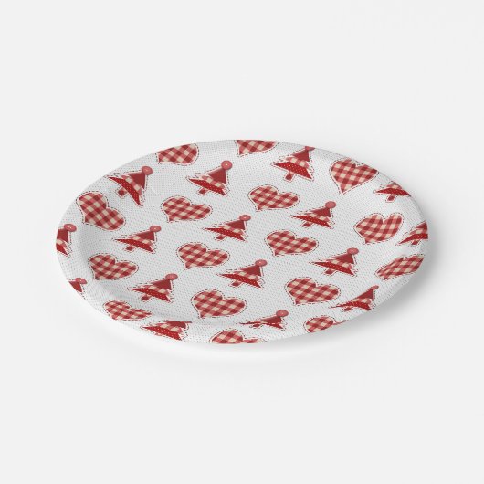 Assiettes En Carton Plaid Red Christmas Trees and Hearts Motif (Angle)