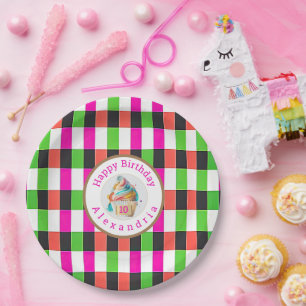 Assiettes En Carton Plaid rose et vert   Cupcake