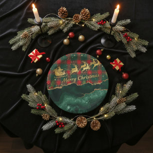 Assiettes En Carton Plaid Rouge Vert Santa Traîneau Joyeux Noël