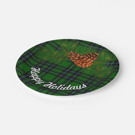 Assiettes En Carton Plaid vert et noir - cônes de pin (Angle)