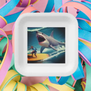Assiettes En Carton Planche de Surf jaune et requin, Anniversaire tend
