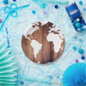 Assiettes En Carton Planches de bois foncé rustiques & carte du monde (Fête)