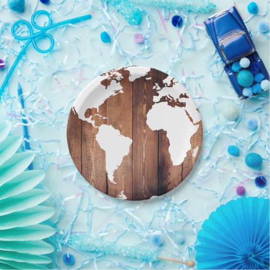 Assiettes En Carton Planches de bois foncé rustiques & carte du monde (Fête)