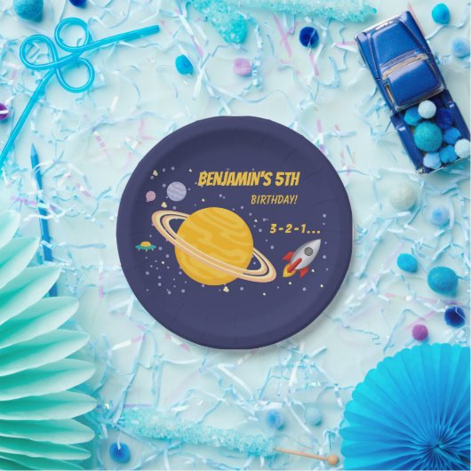 Assiettes En Carton Planètes d'anniversaire et Rockship dans l'espace  (Fête)